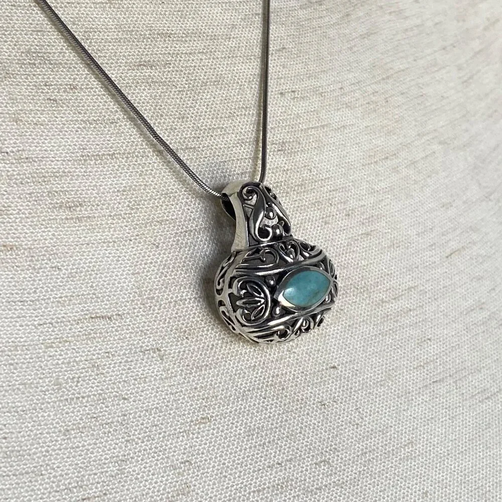 Sterling Silver 925 Chunky Bali Style Scrollwork Turquoise Pendant Necklace 18